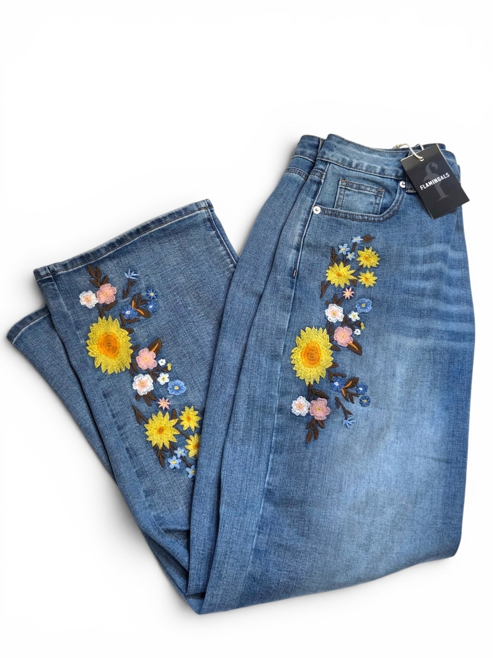 NWT Flamingals Floral Embroidered Wide Leg Jeans Medium Blue High Waisted Boho